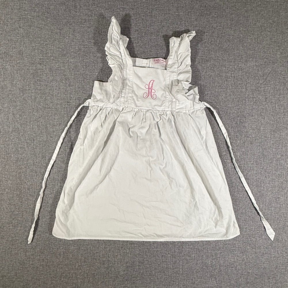 VTG Emily Lacey Ruffle Monogram Pink "A" Pinafore Dress Girls 5Y White Summer